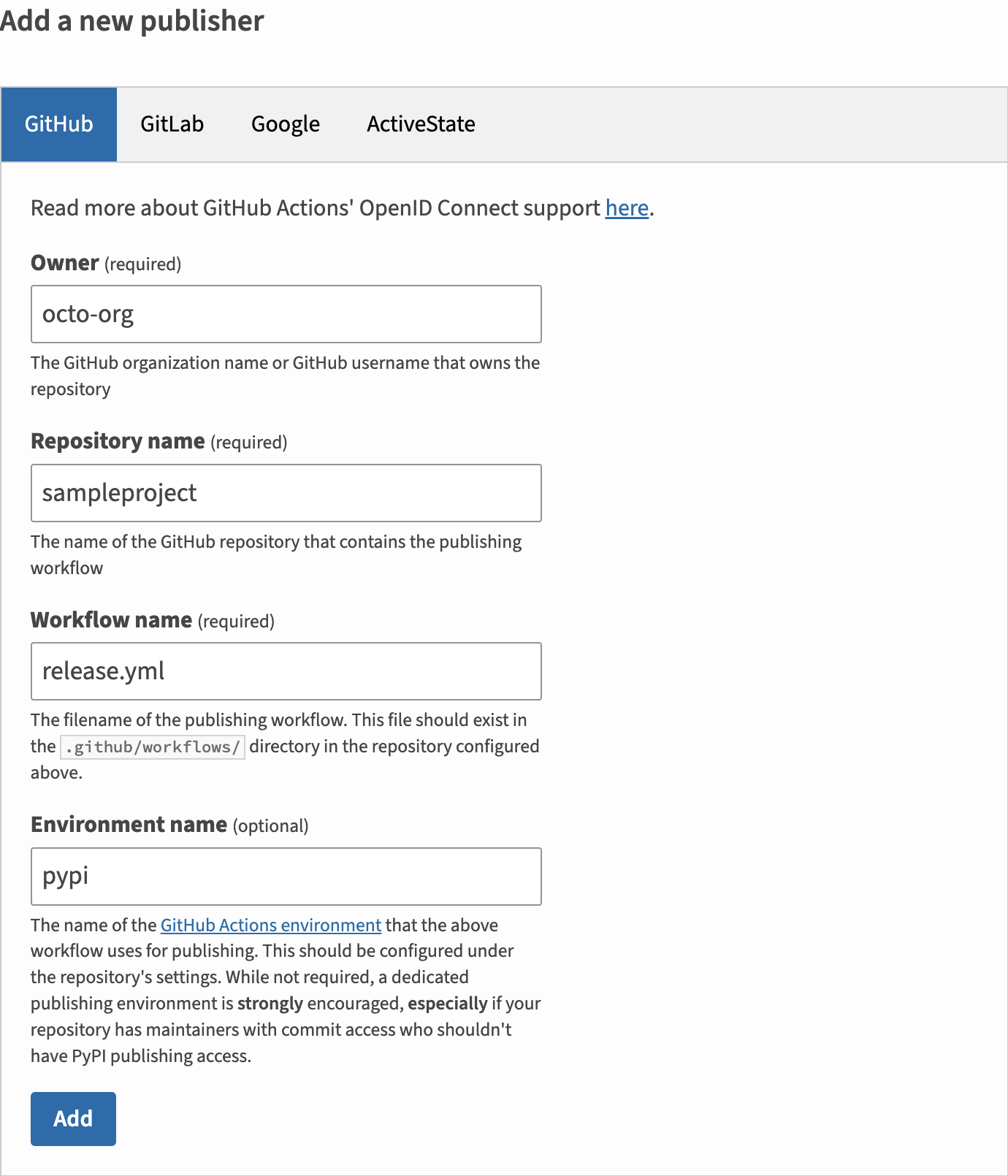 图片展示了如何添加新的 GitHub 发布者