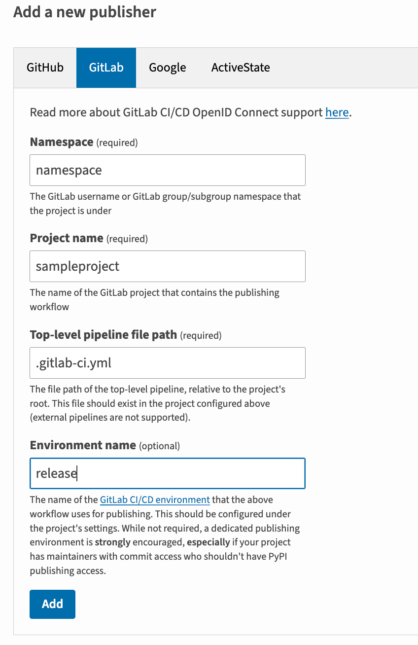 图片显示如何添加新的 GitLab 发布者